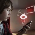 A young woman holds a mobile phone towards her. An icon of a chatbot with speech bubbles is superimposed above it.